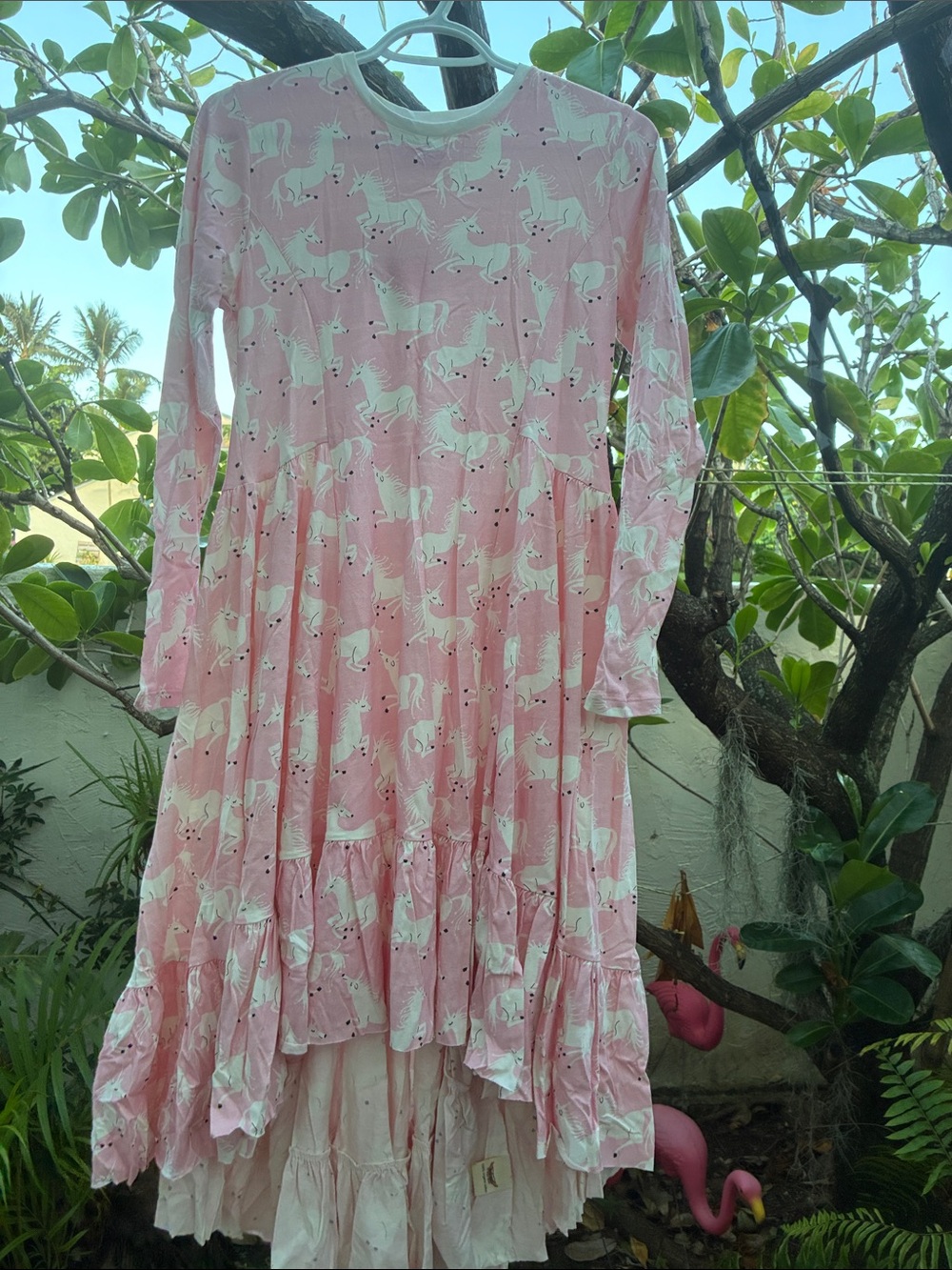 Girls' Pink Unicorn Long-Sleeve Tiered High Low Dress